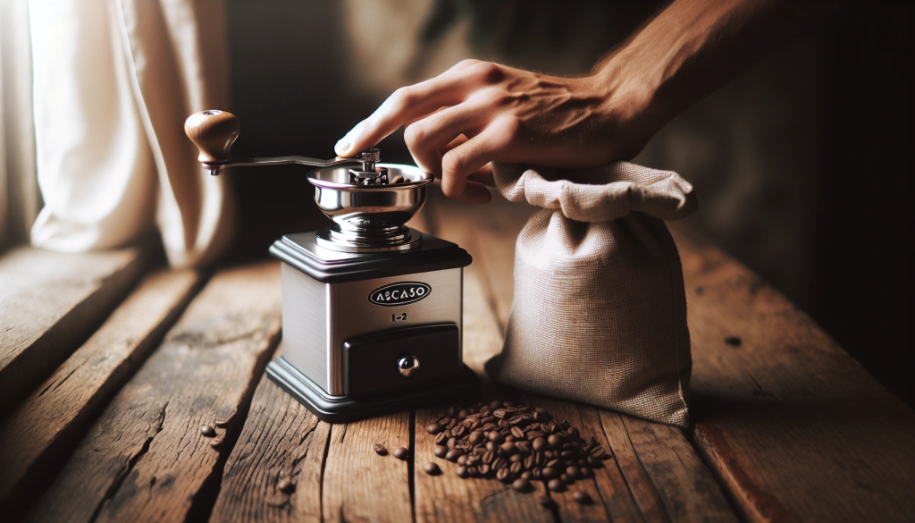 The Ascaso i-2 mini entry-level grinder with a hand holding a bag of coffee beans