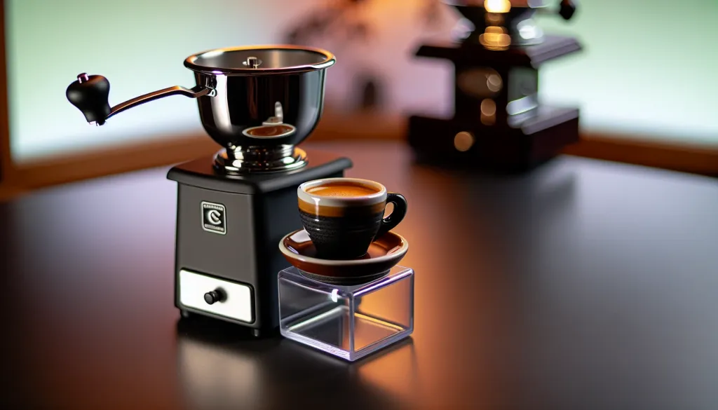 A close-up of the Eureka Mignon budget espresso grinder with a cup of freshly brewed espresso