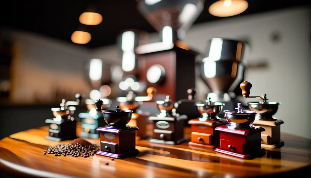 A variety of coffee grinders on a countertop with freshly ground coffee beans and espresso machine in the background